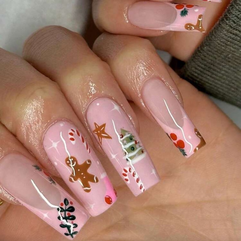 Festive Pink Gingerbread Christmas Nails